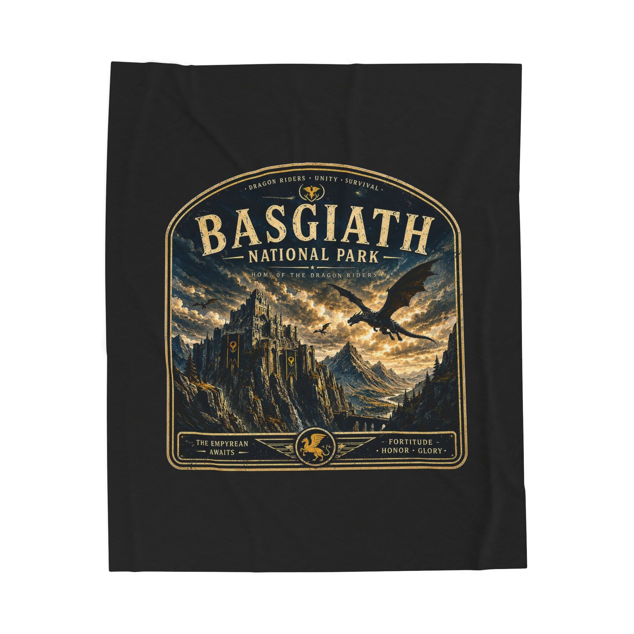 Basgiath National Park Velveteen Plush Blanket — Fantasy Castle & Dragon Scenic Throw