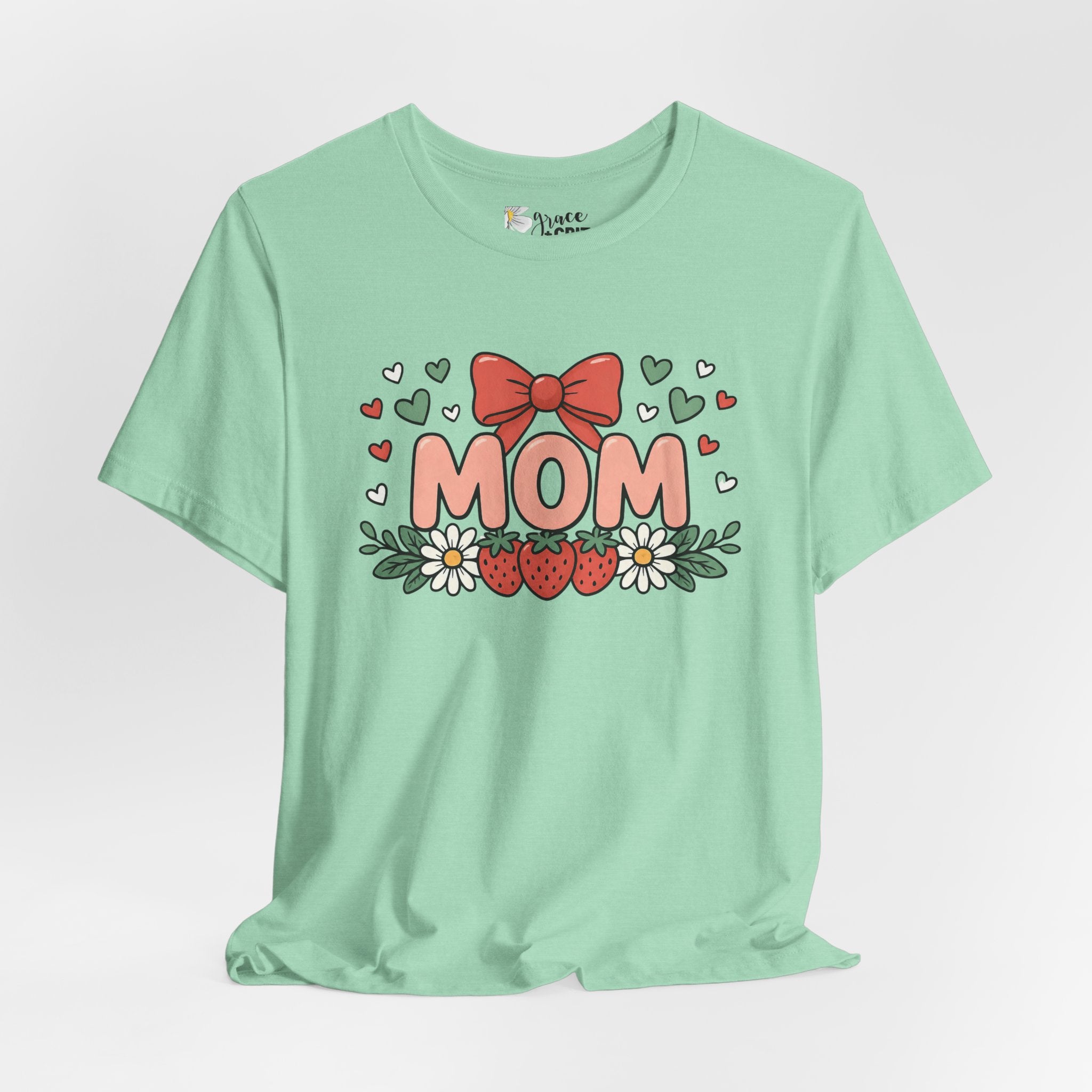 Mom Floral Bow T‑Shirt — Cute Strawberry & Daisy Mother's Day Tee