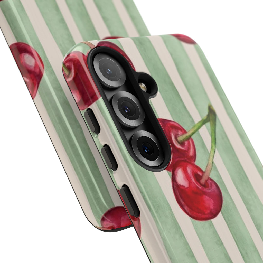 Cherry Stripe Phone Case – Retro Watercolor Cherries on Mint Stripes