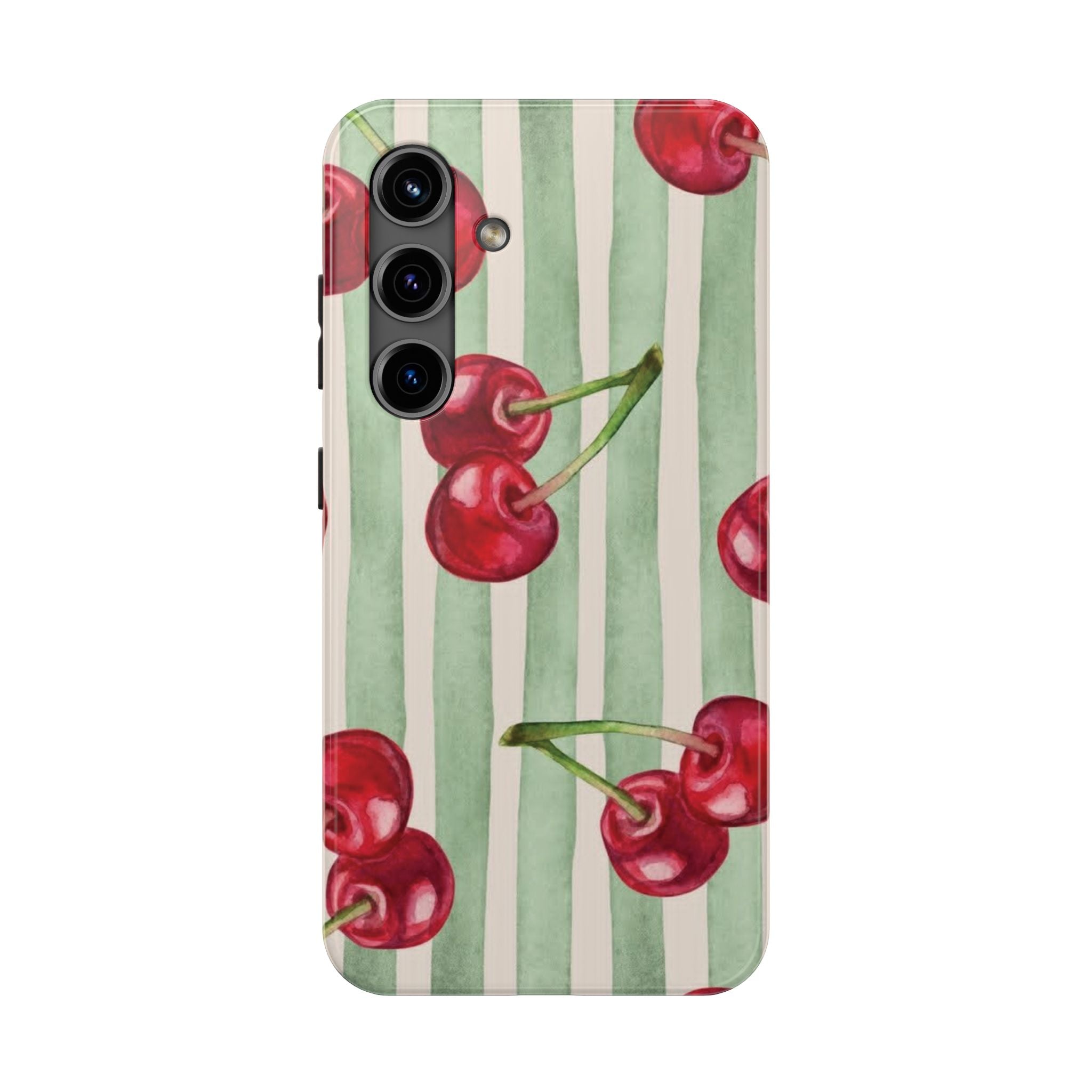 Cherry Stripe Tough Phone Case — Retro Watercolor Cherry Pattern Durable Phone Case