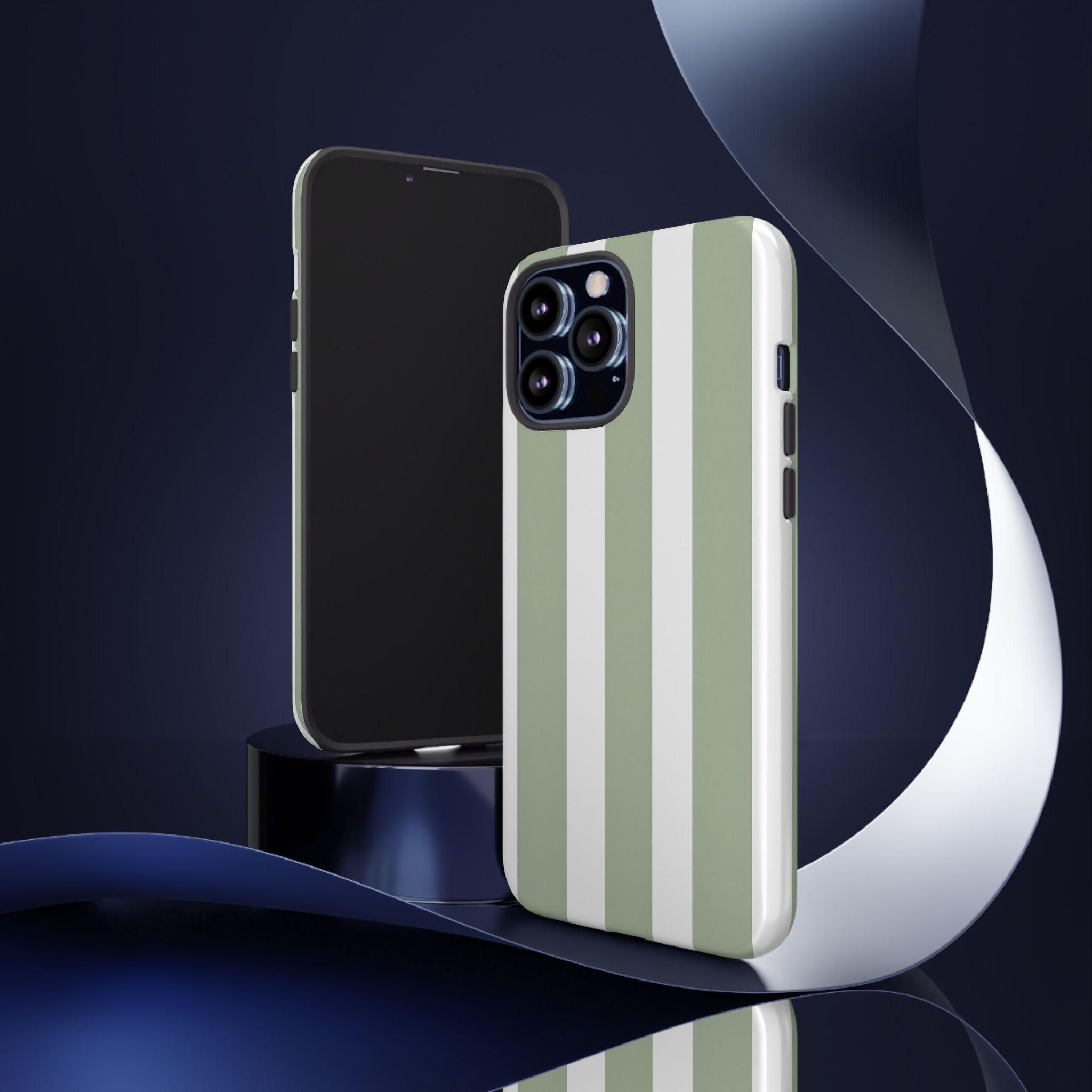 Striped Sage Tough Phone Case — Durable Green & White Vertical Stripe Phone Cover