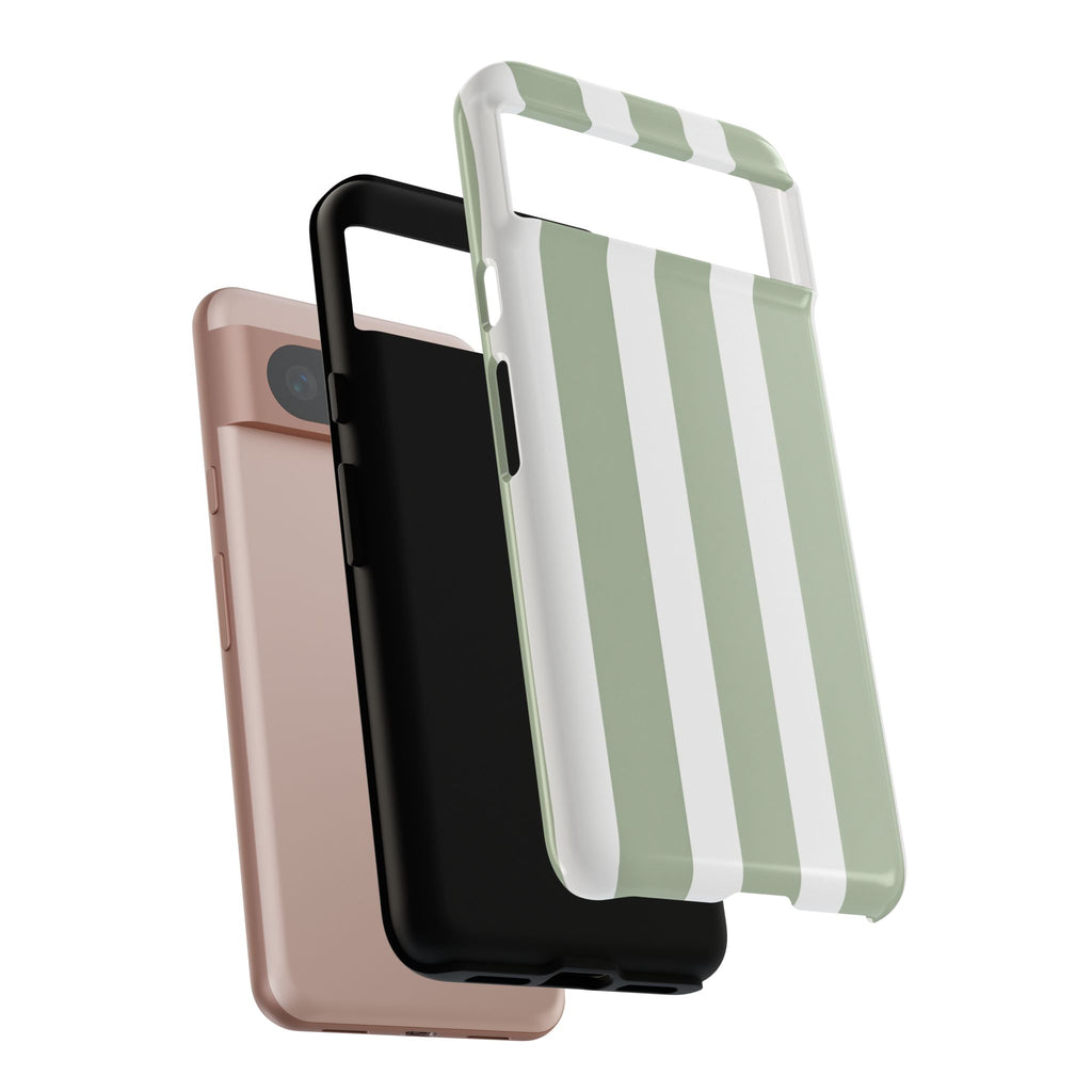 Striped Sage Tough Phone Case — Durable Green & White Vertical Stripe Phone Cover