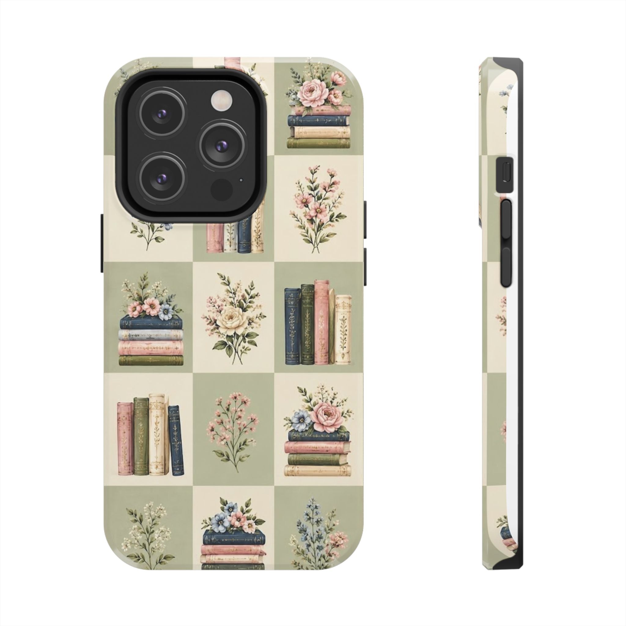 Floral Bookshelf Tough Phone Case — Vintage Floral & Stacked Books Pattern