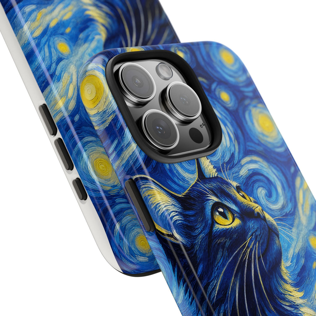 Starry Night Cat Tough Phone Case — Van Gogh Style Galaxy Kitten Protective Cover