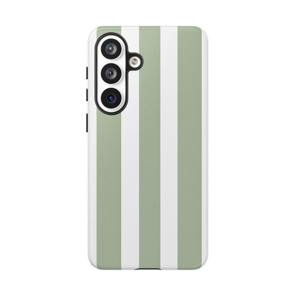 Striped Sage Tough Phone Case — Durable Green & White Vertical Stripe Phone Cover