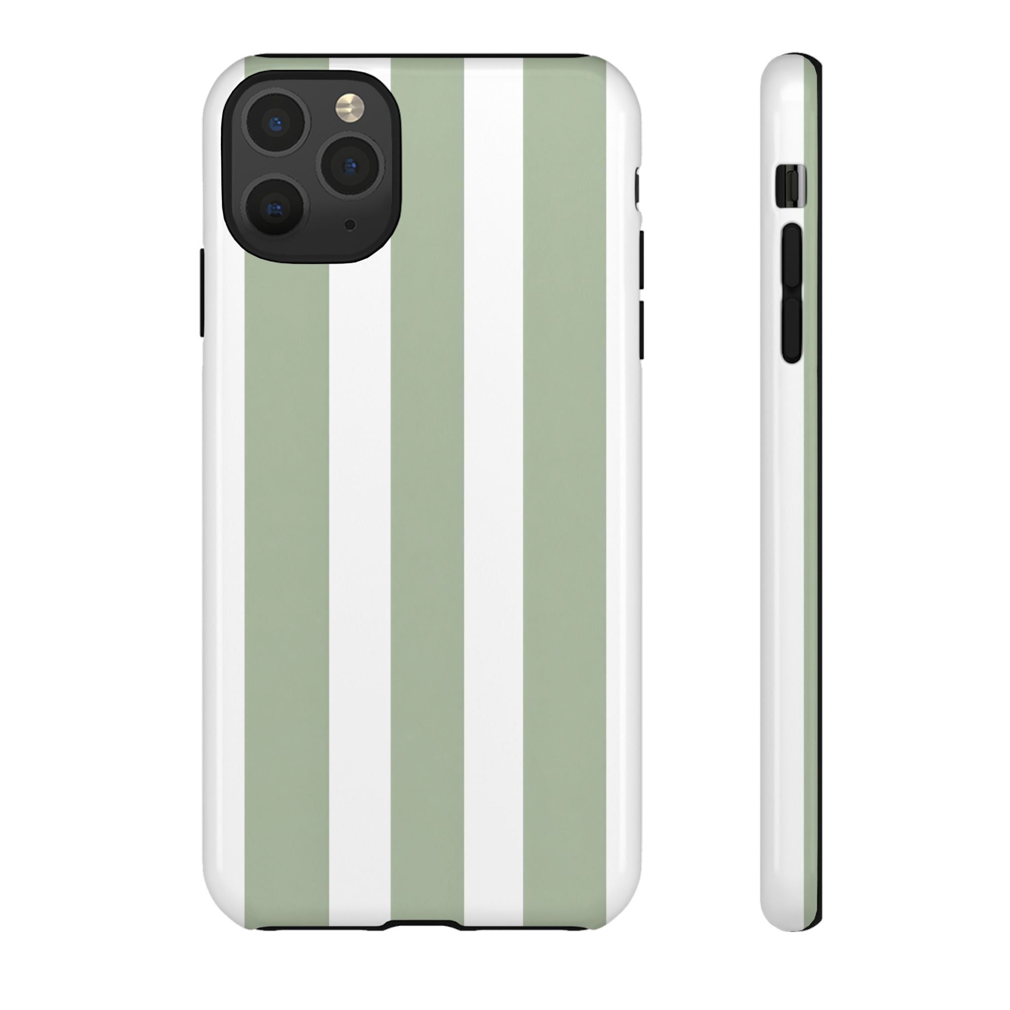 Striped Sage Tough Phone Case — Durable Green & White Vertical Stripe Phone Cover