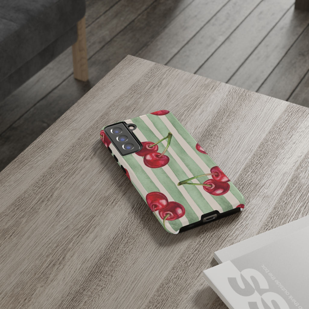 Cherry Stripe Phone Case – Retro Watercolor Cherries on Mint Stripes