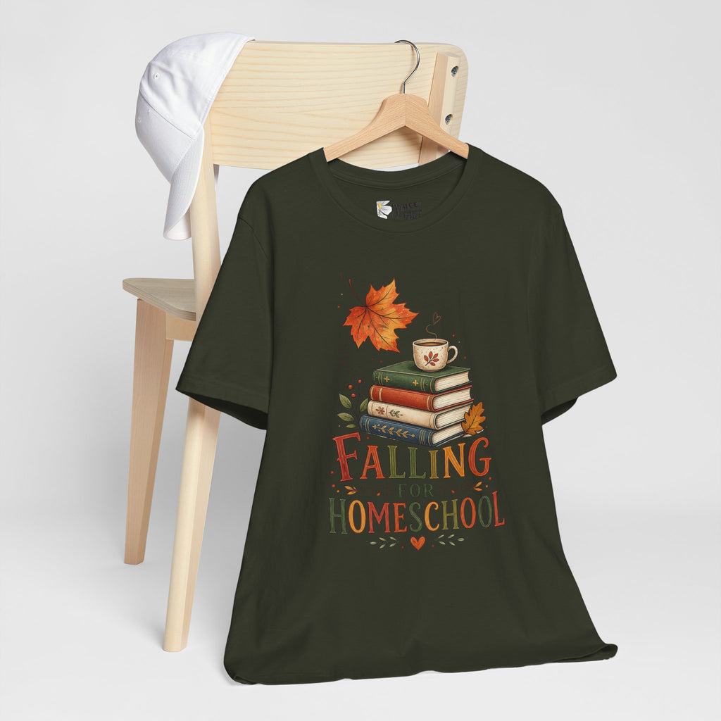 Fall Homeschool T‑Shirt – “Falling into Homeschool” Autumn Books & Coffee Tee