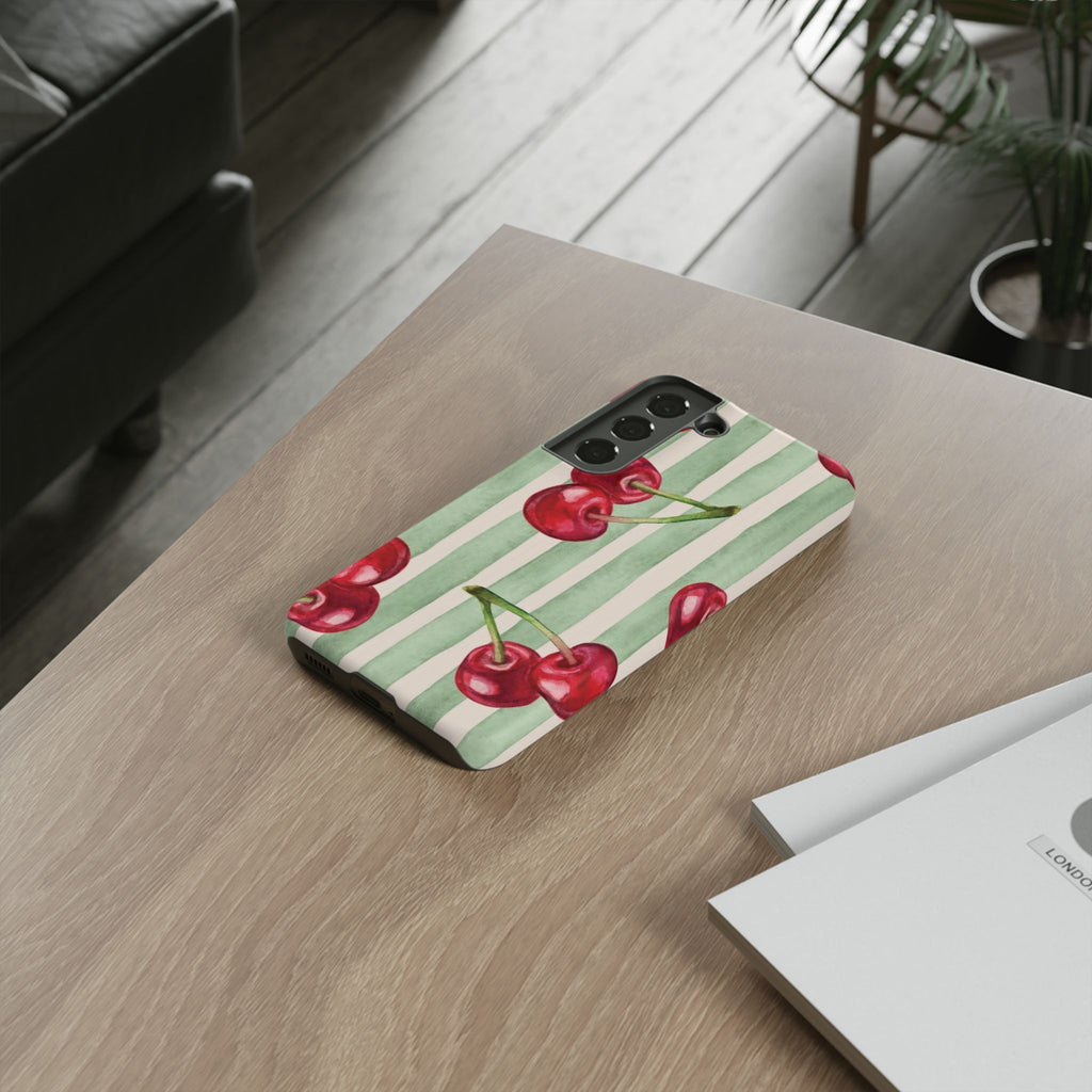 Cherry Stripe Phone Case – Retro Watercolor Cherries on Mint Stripes