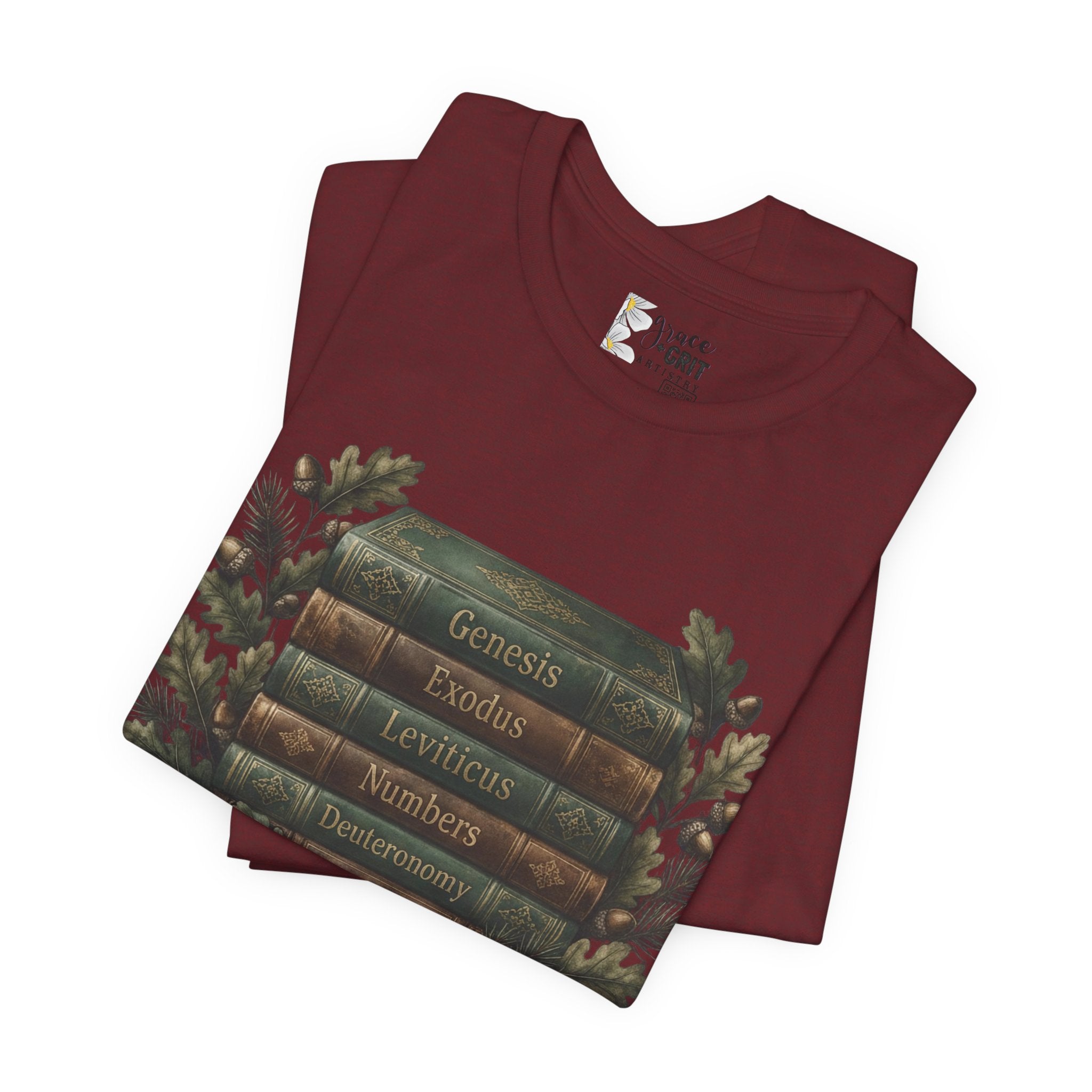 Bible Verse Stack T-Shirt — Genesis Exodus Leviticus Numbers Deuteronomy Floral Graphic