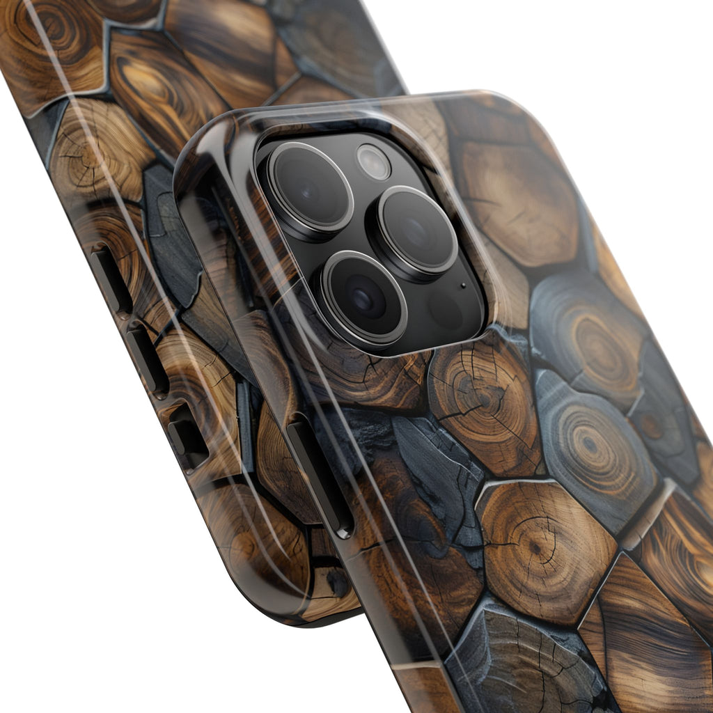 Woodgrain Hex Pattern Tough Phone Case — Rustic Log Cross-Section Design