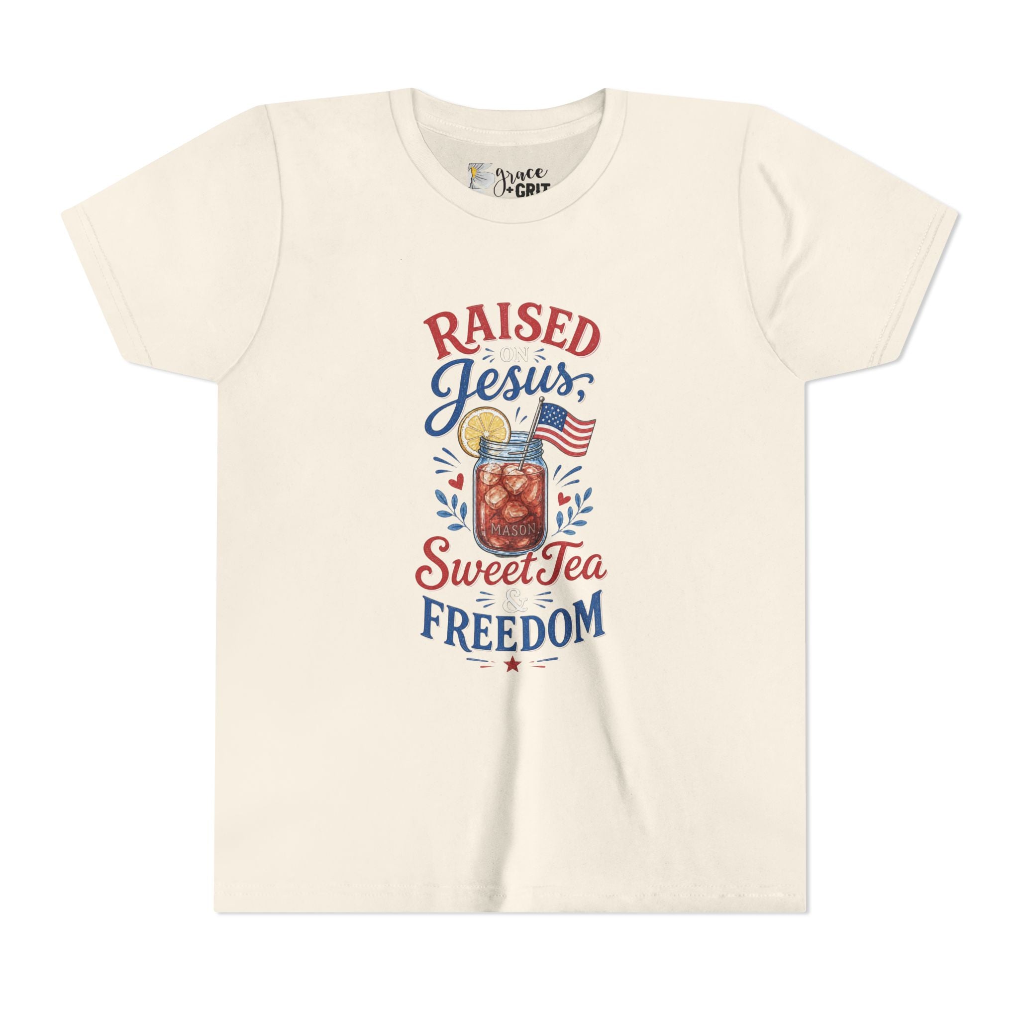 Youth Tee — "Raised Jesus, Sweet Tea, Freedom" Patriotic Christian Graphic