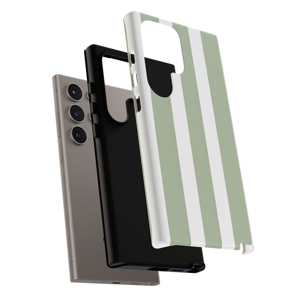 Striped Sage Tough Phone Case — Durable Green & White Vertical Stripe Phone Cover