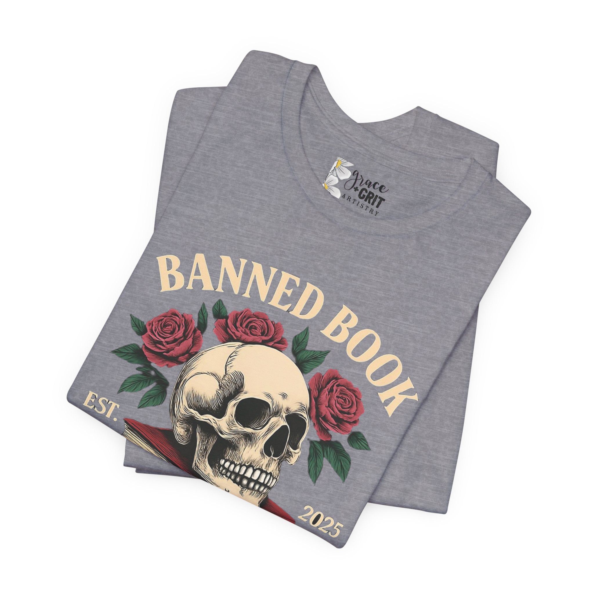 Banned Book Skull with Roses T-Shirt | Education Stack Tee