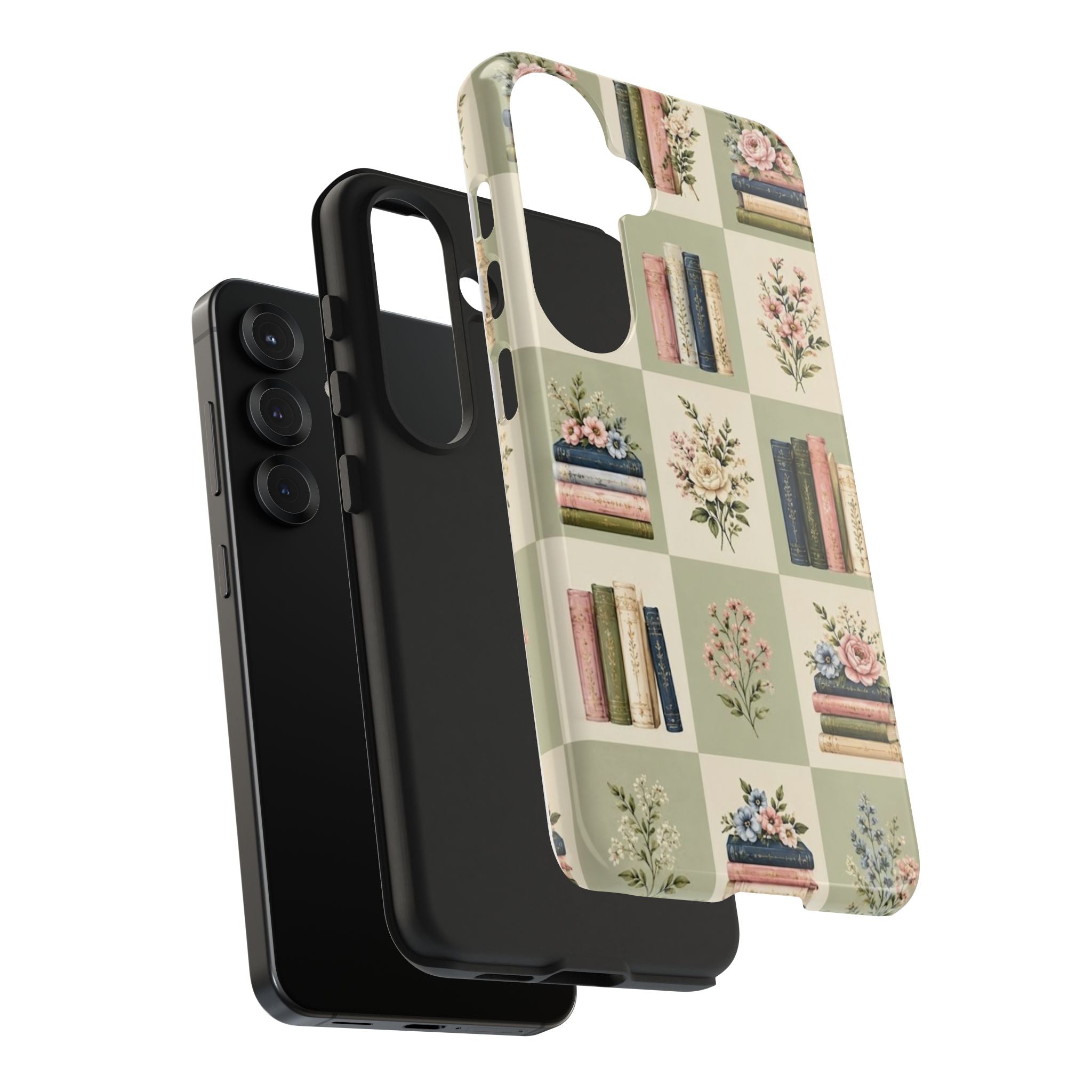 Floral Bookshelf Tough Phone Case — Vintage Floral & Stacked Books Pattern
