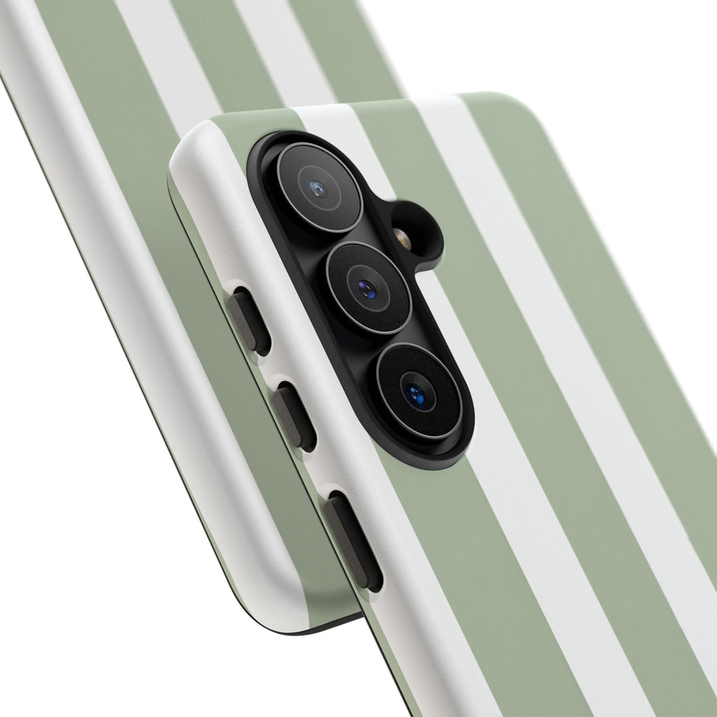 Striped Sage Tough Phone Case — Durable Green & White Vertical Stripe Phone Cover