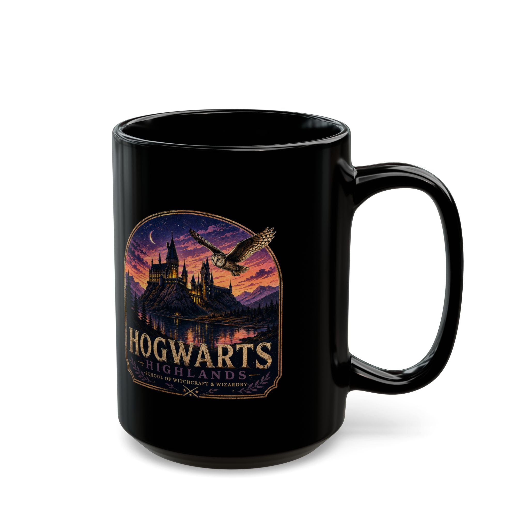 Hogwarts Highlands Black Mug — Castle Sunset Coffee Cup (11oz/15oz)