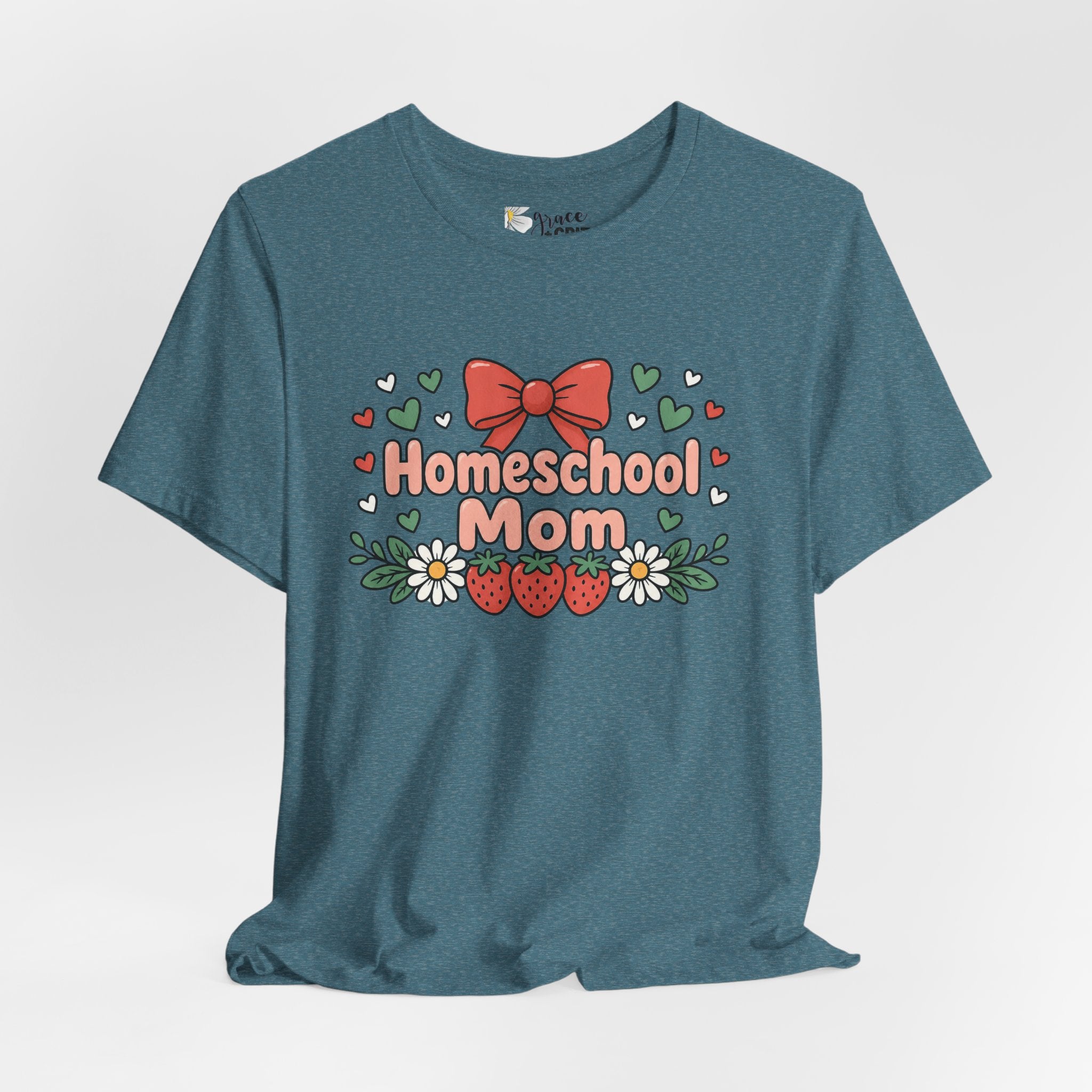 Homeschool Mom T-Shirt – Floral Strawberry Design with Bow