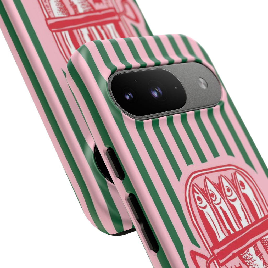 Sardine Stripe Phone Case — Retro Pink & Green Nautical Protection