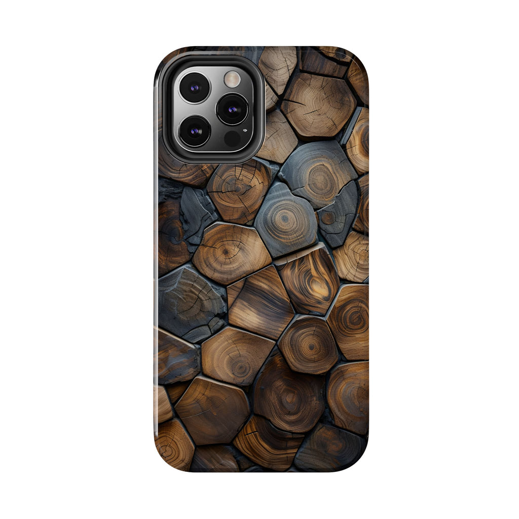 Woodgrain Hex Pattern Tough Phone Case — Rustic Log Cross-Section Design