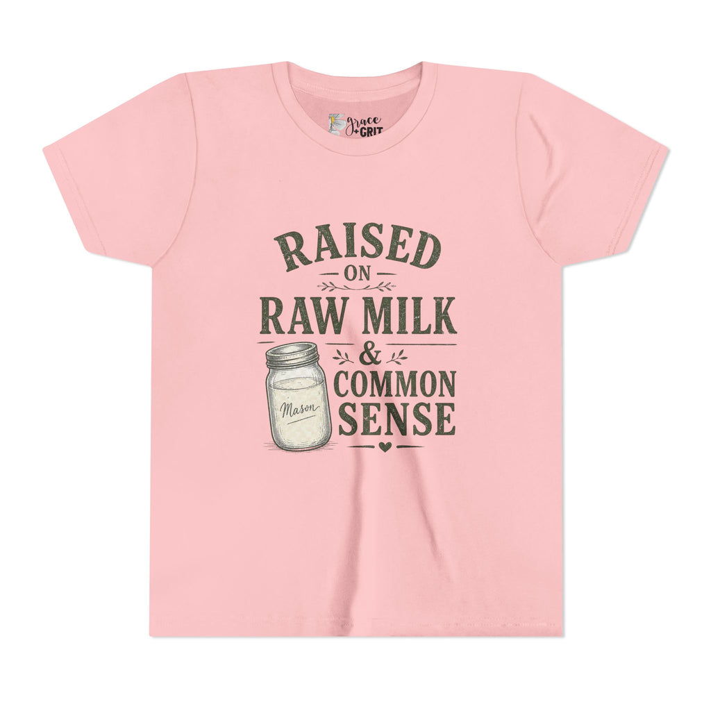 Youth Tee — "Raised on Raw Milk & Common Sense" Vintage Farm Kid Shirt