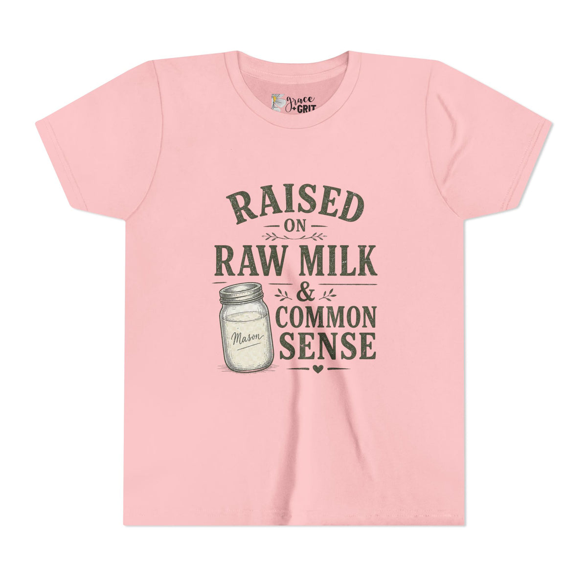 Youth Tee — "Raised on Raw Milk & Common Sense" Vintage Farm Kid Shirt