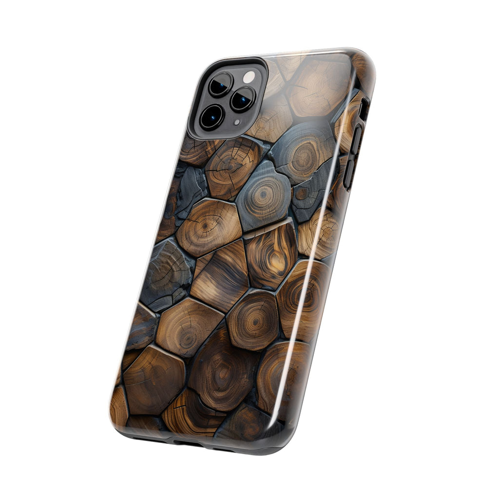 Woodgrain Hex Pattern Tough Phone Case — Rustic Log Cross-Section Design