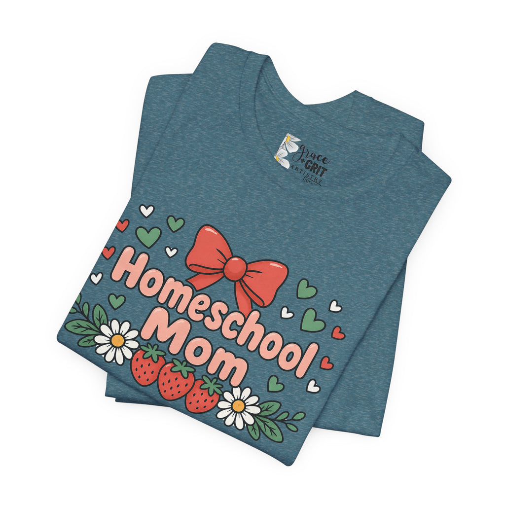 Homeschool Mom T-Shirt – Floral Strawberry Design with Bow