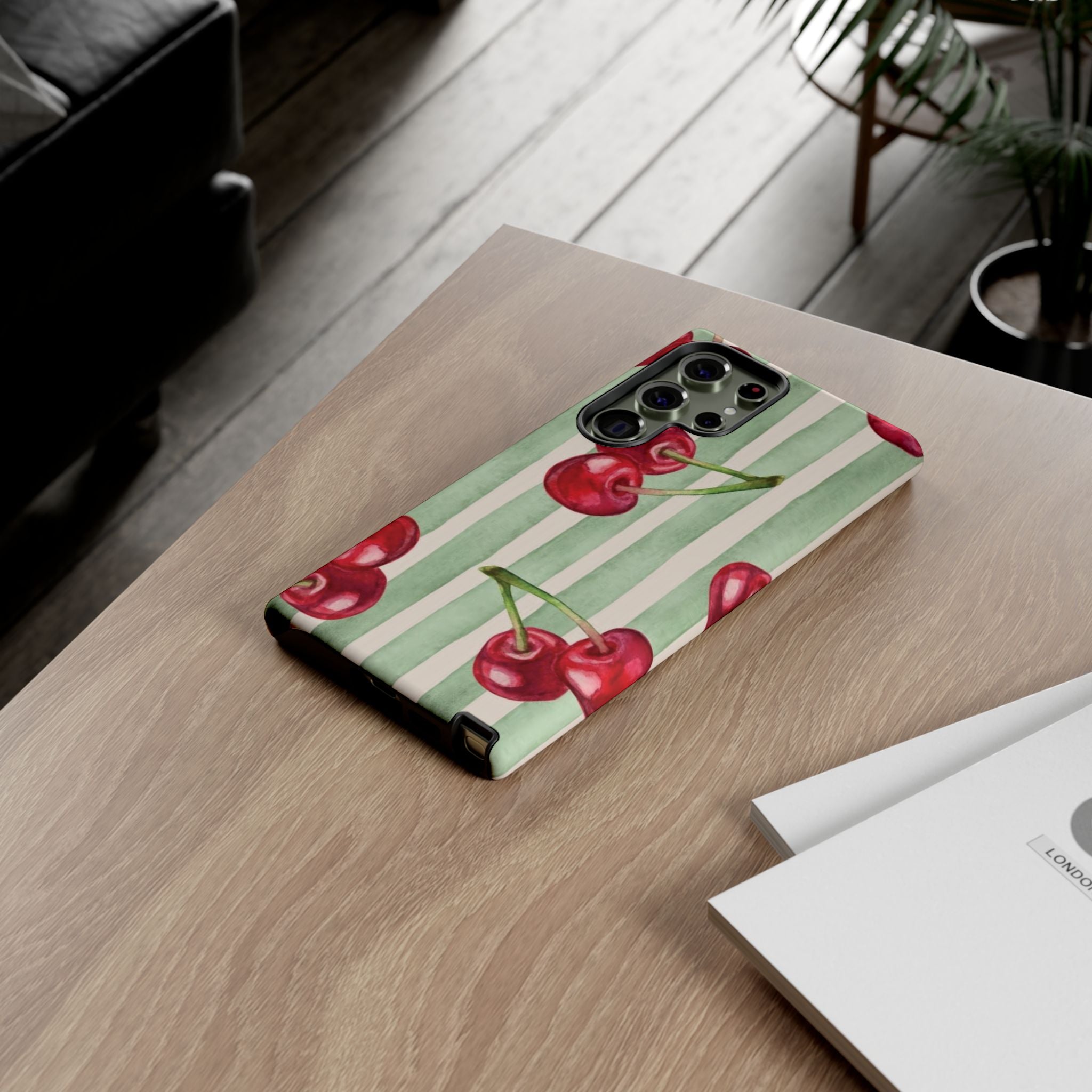 Cherry Stripe Phone Case – Retro Watercolor Cherries on Mint Stripes