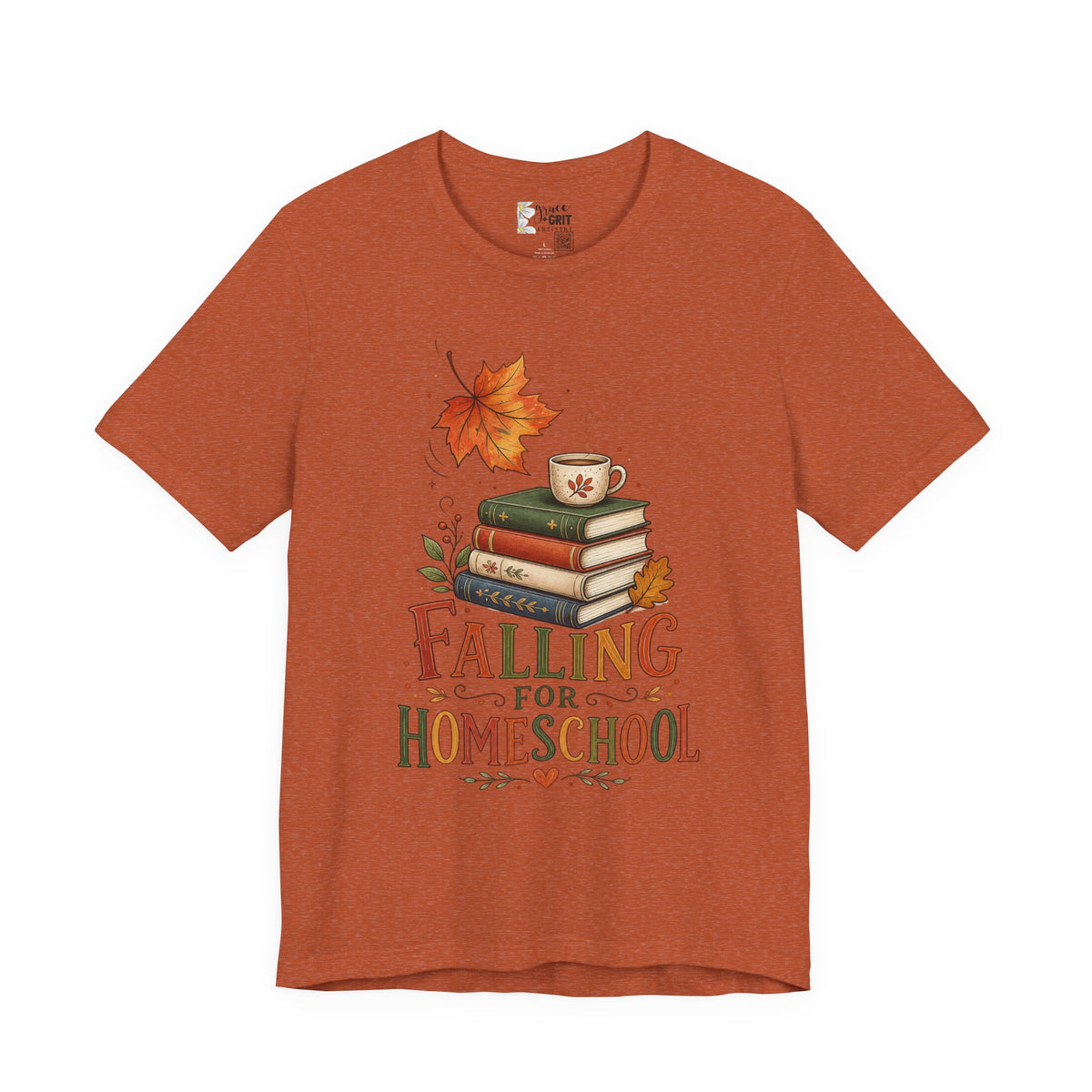 Fall Homeschool T‑Shirt – “Falling into Homeschool” Autumn Books & Coffee Tee