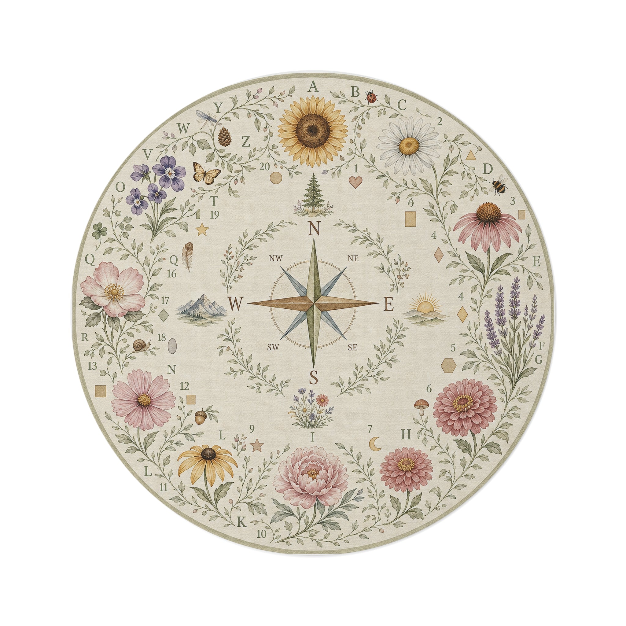 Botanical Compass Circle Time Rug — Vintage Floral Nautical Classroom Mat