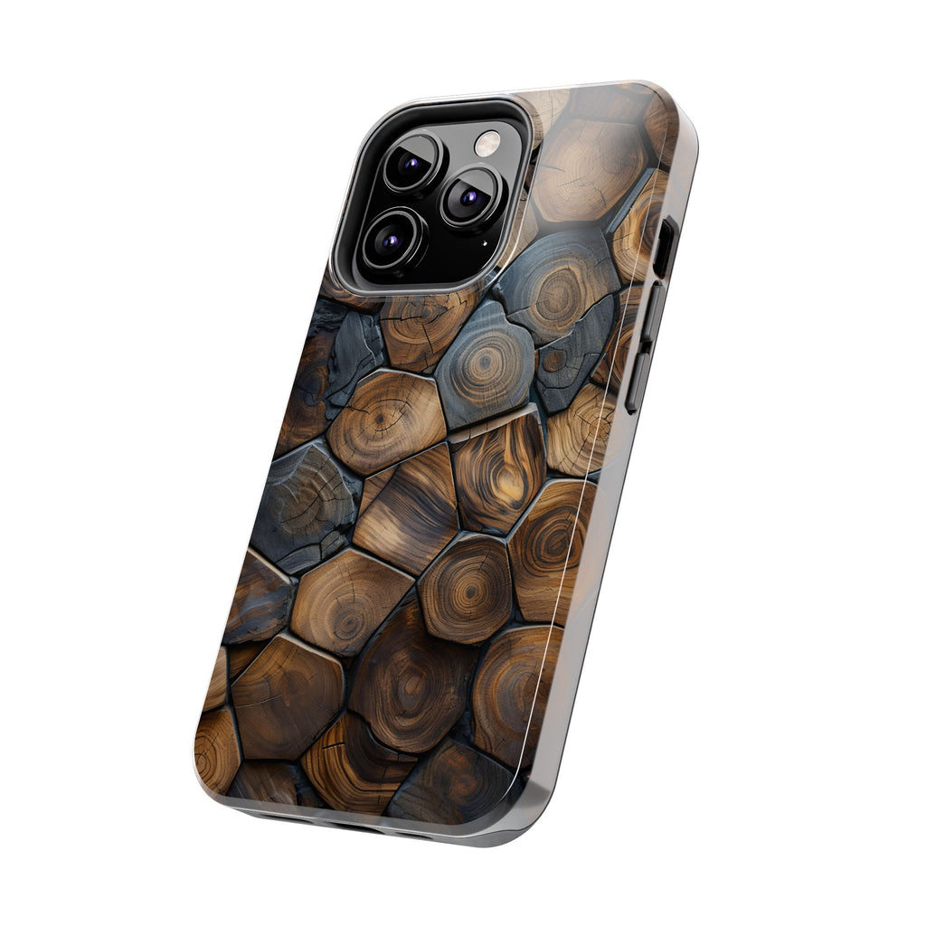 Woodgrain Hex Pattern Tough Phone Case — Rustic Log Cross-Section Design