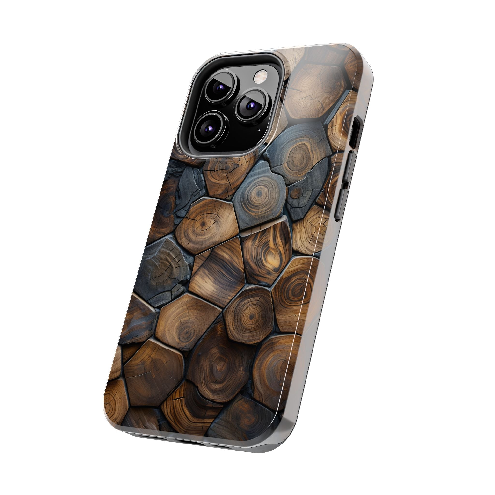 Woodgrain Hex Pattern Tough Phone Case — Rustic Log Cross-Section Design