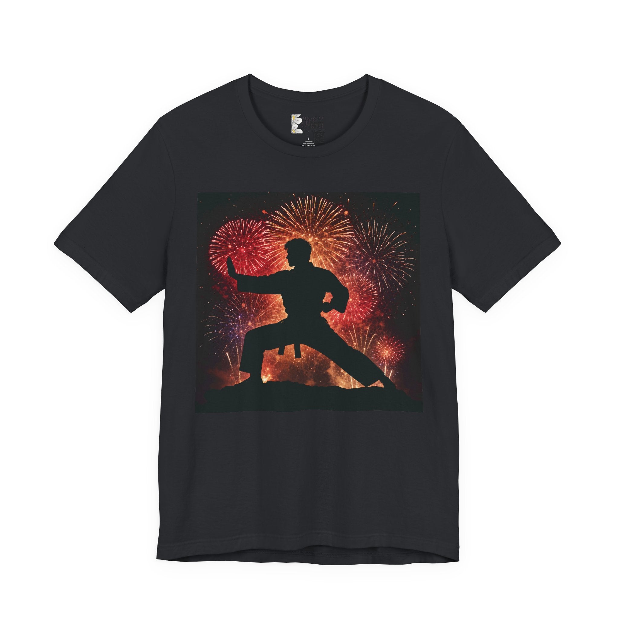 Martial Arts Fireworks T-Shirt — Karate Silhouette Celebration Tee