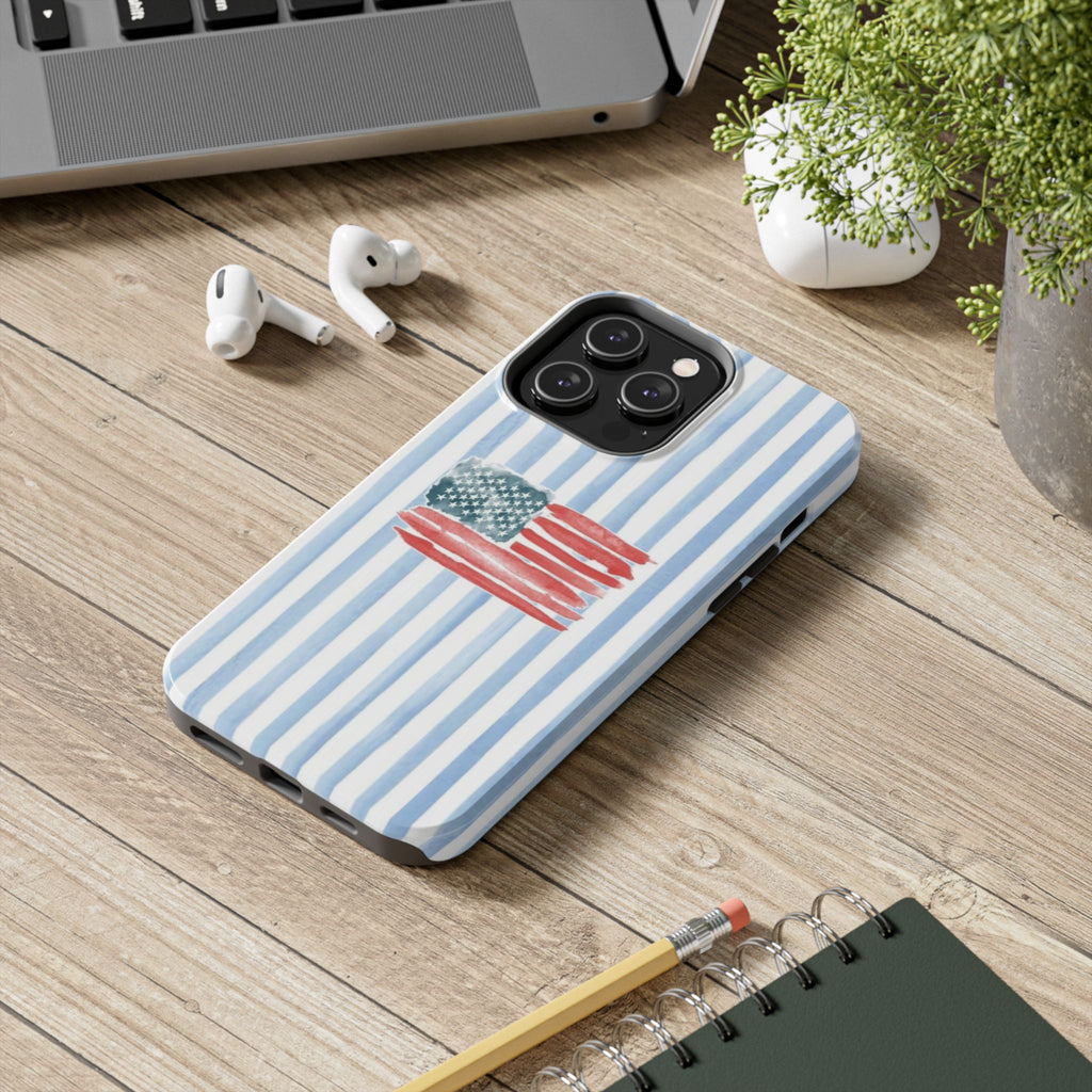 American Flag Watercolor Tough Phone Case — Blue Striped Patriotic Phone Case