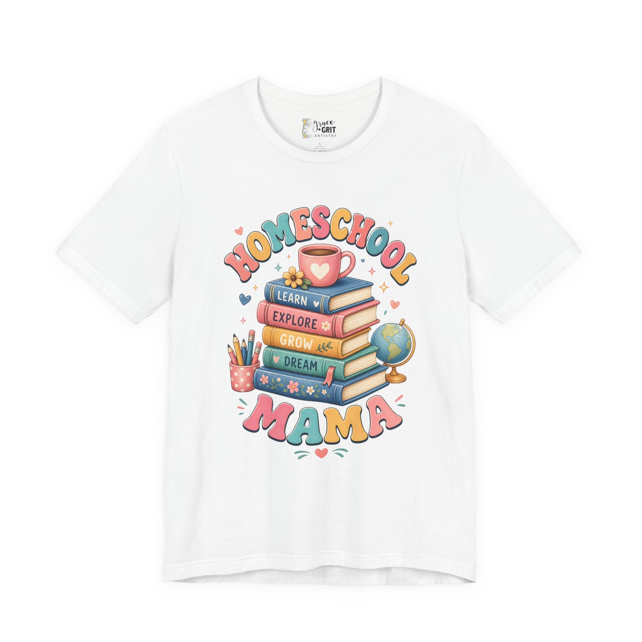 Homeschool Mama T-Shirt – Colorful Stacked Books Design