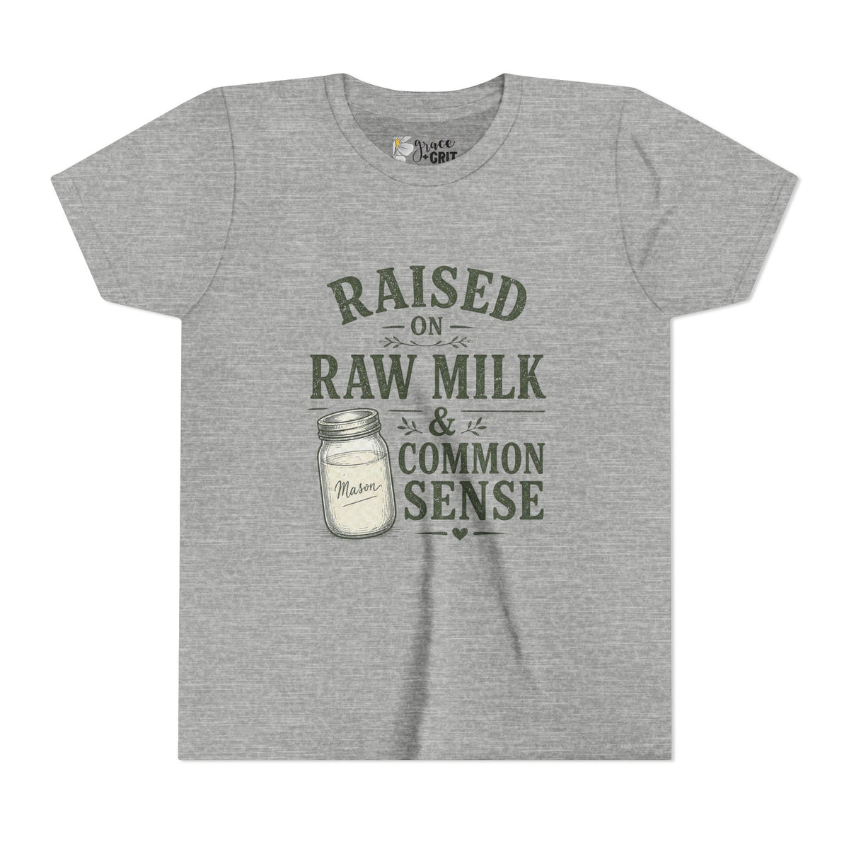 Youth Tee — "Raised on Raw Milk & Common Sense" Vintage Farm Kid Shirt