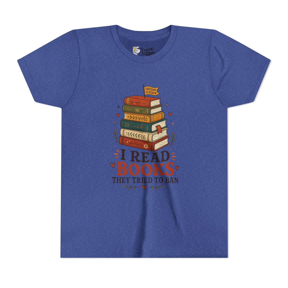 Youth Book Lover T‑Shirt — "I Read Books They Tried To Ban" Stack Graphic