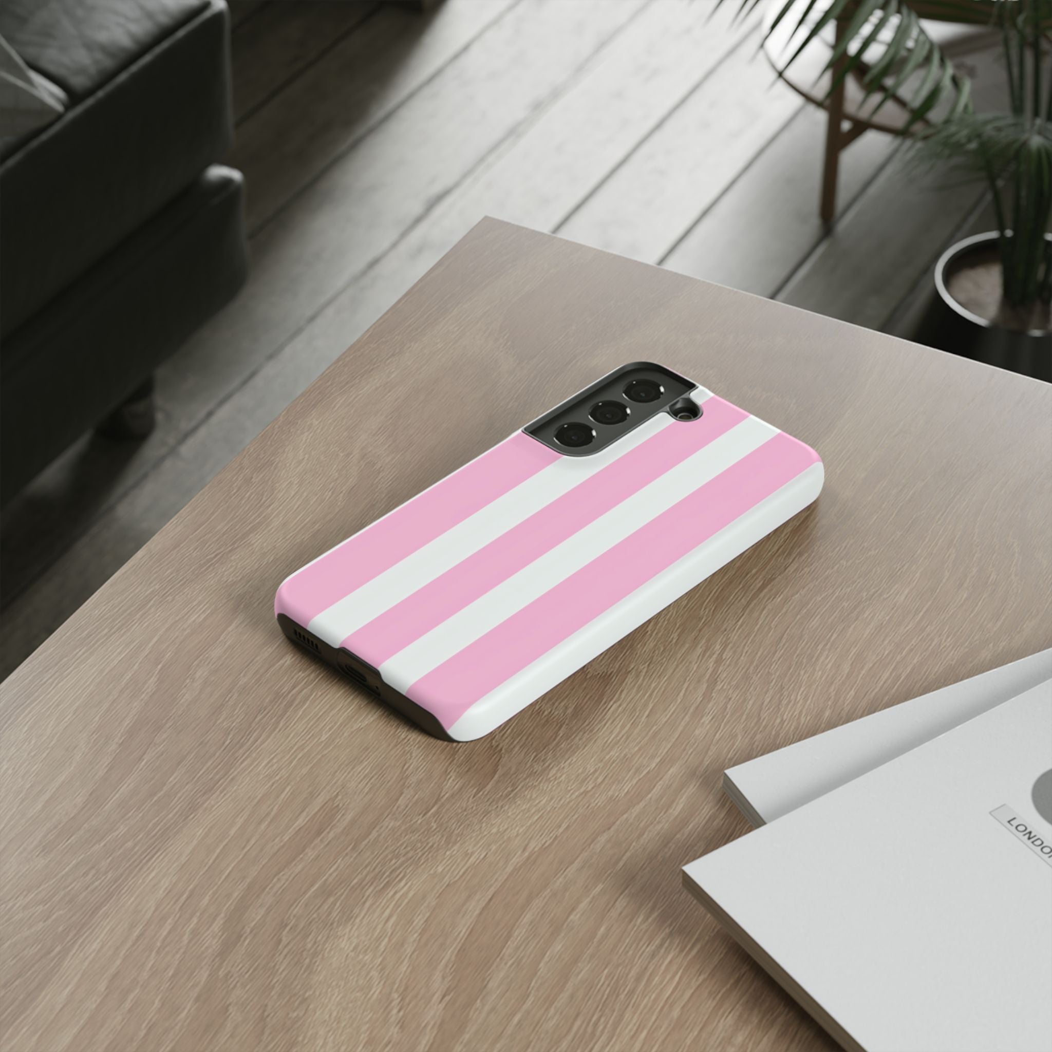 Pink & White Striped Tough Phone Case — Durable Protective Phone Cover