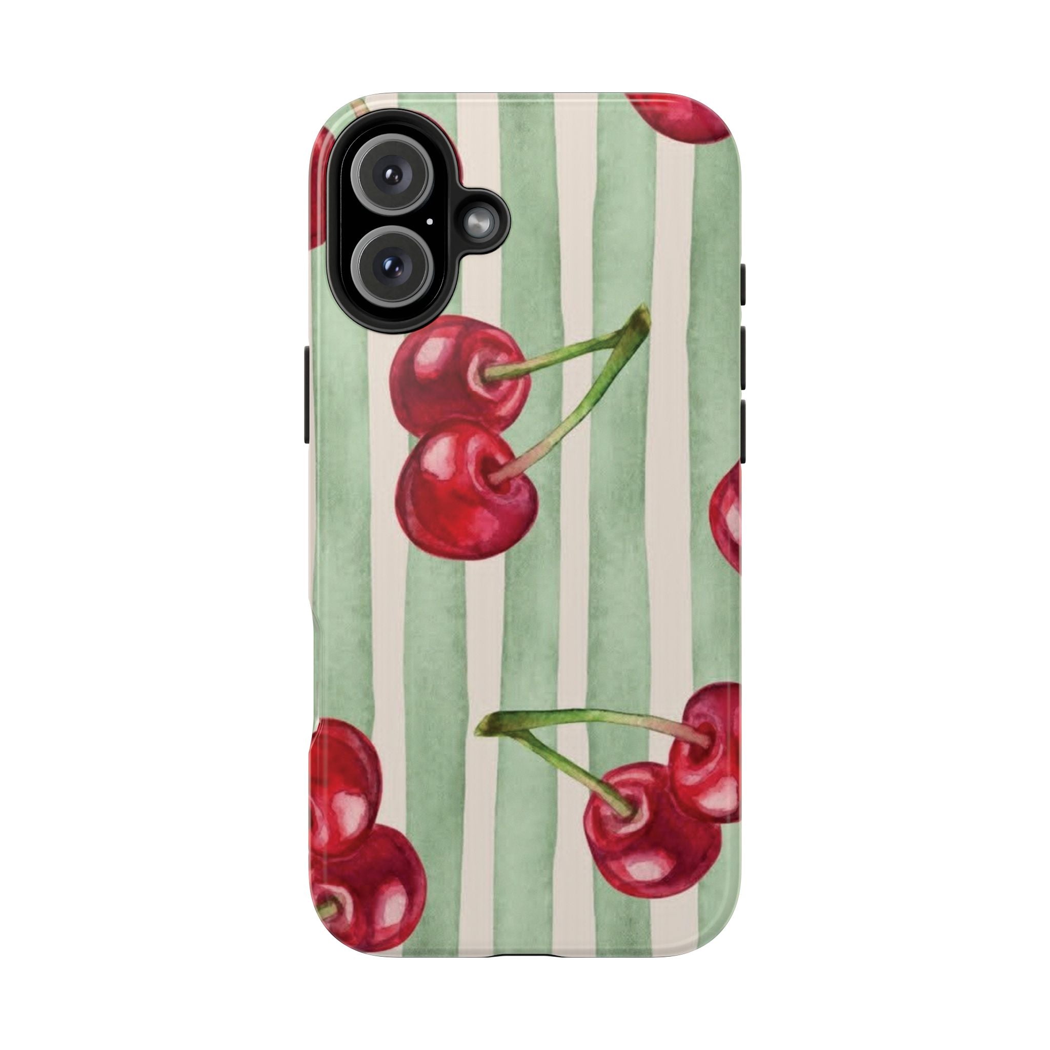 Cherry Stripe Tough Phone Case — Retro Watercolor Cherry Pattern Durable Phone Case