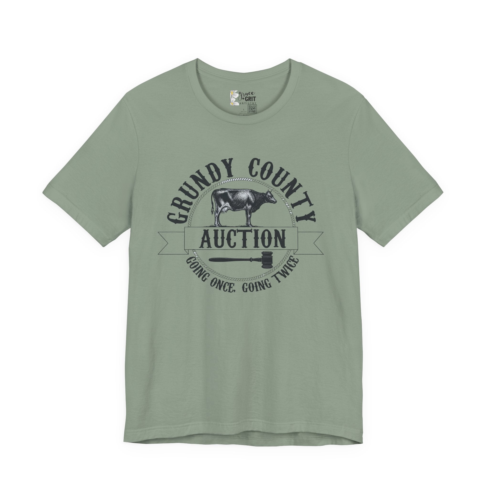 Grundy County Auction Tee — 'Going Once, Going Twice' Farm Livestock Graphic T‑Shirt