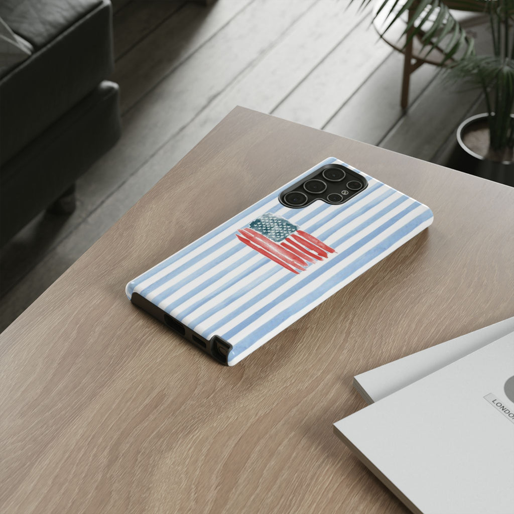 American Flag Watercolor Phone Case - Blue Stripe Tough Case