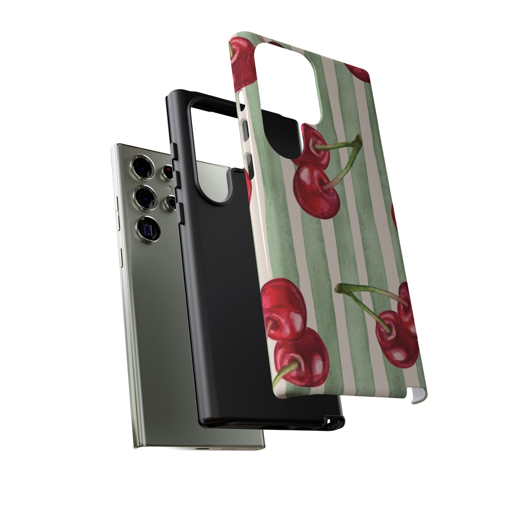 Cherry Stripe Phone Case – Retro Watercolor Cherries on Mint Stripes