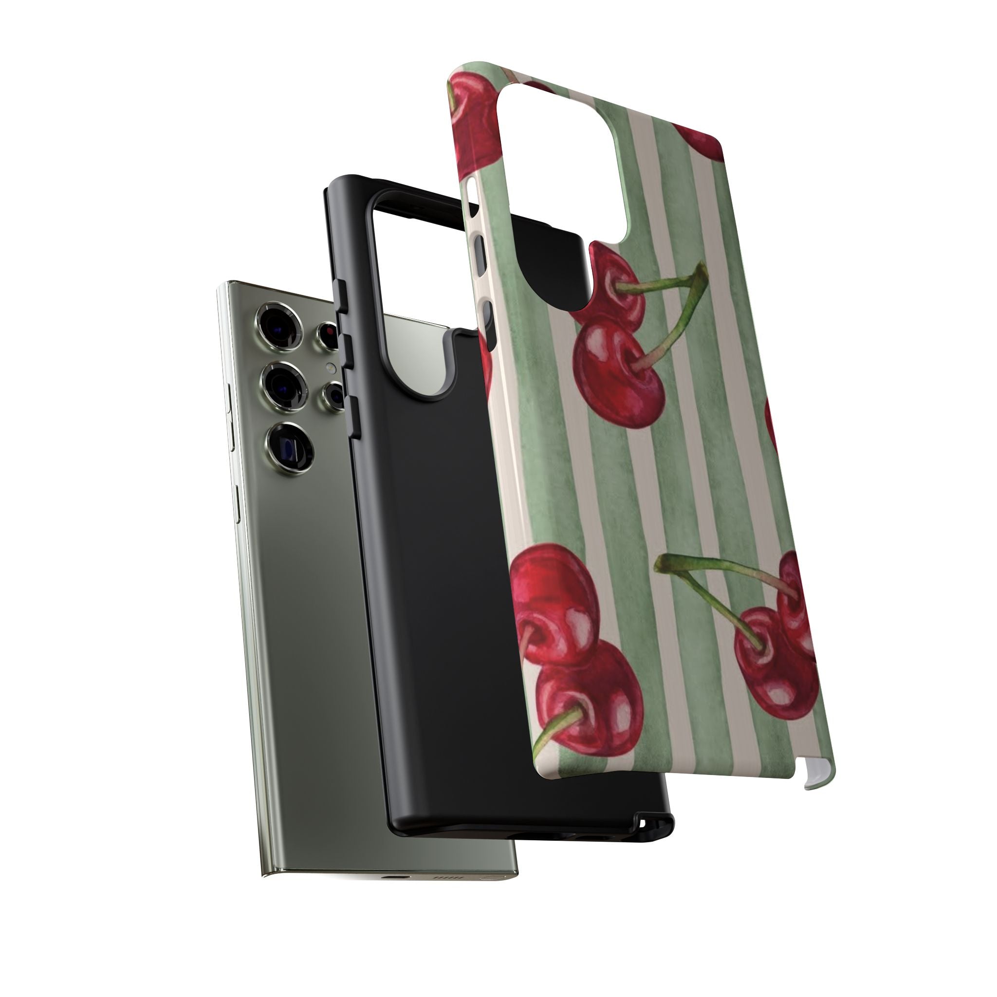Cherry Stripe Phone Case – Retro Watercolor Cherries on Mint Stripes
