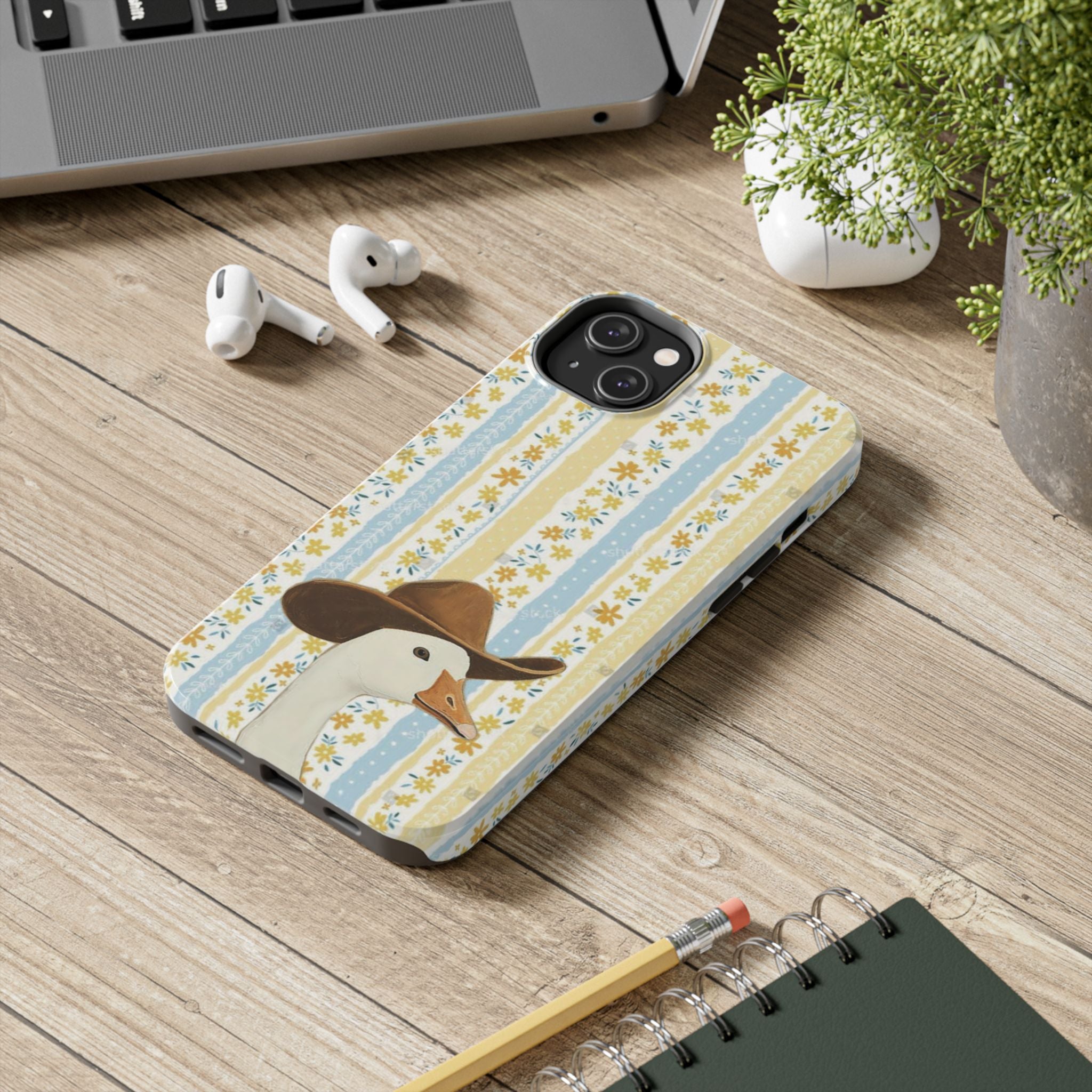 Cowboy Goose Tough Phone Case — Cute Farm Animal iPhone Case with Floral Stripes