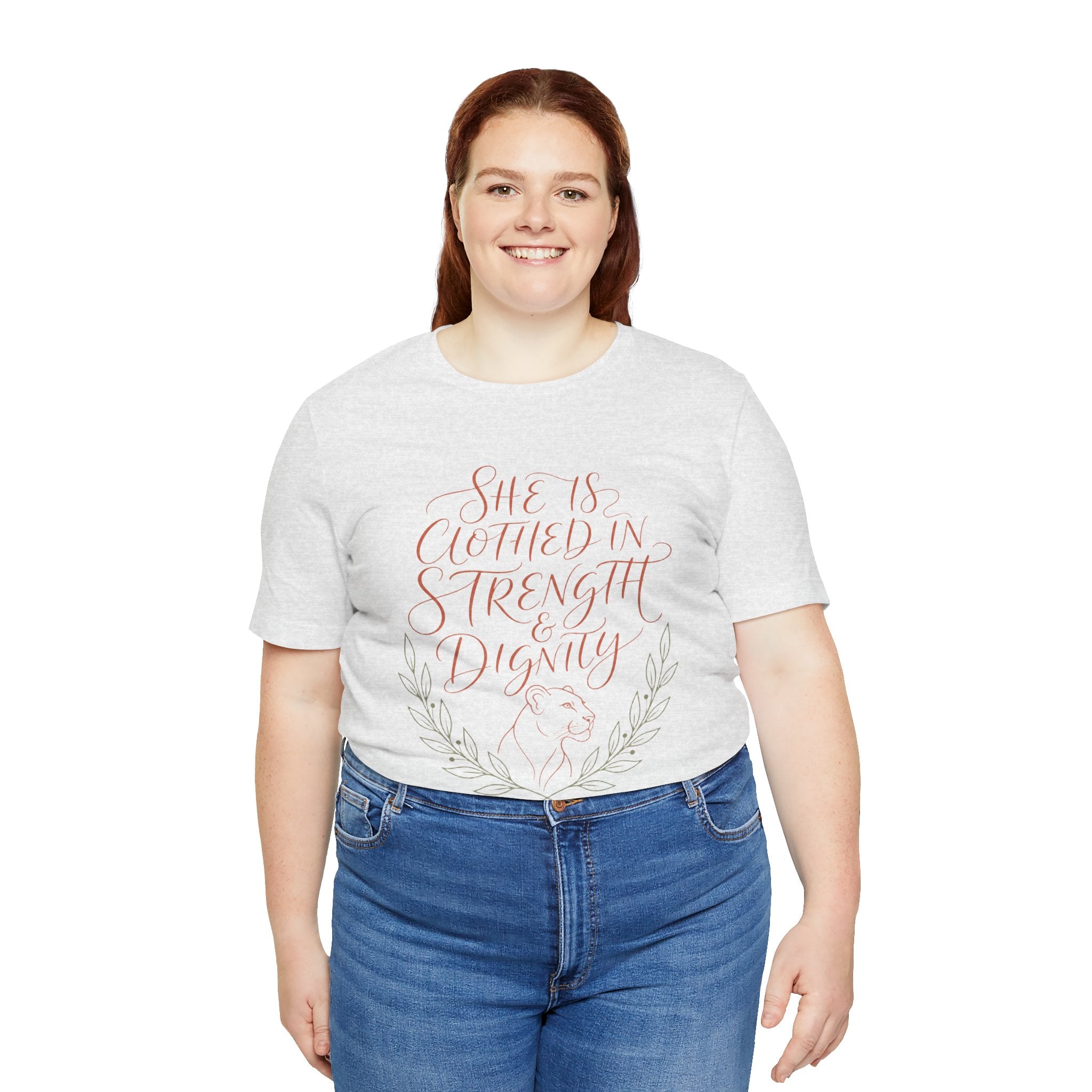 She Is Clothed in Strength & Dignity Tee — Inspirational Christian Women's Graphic T-Shirt