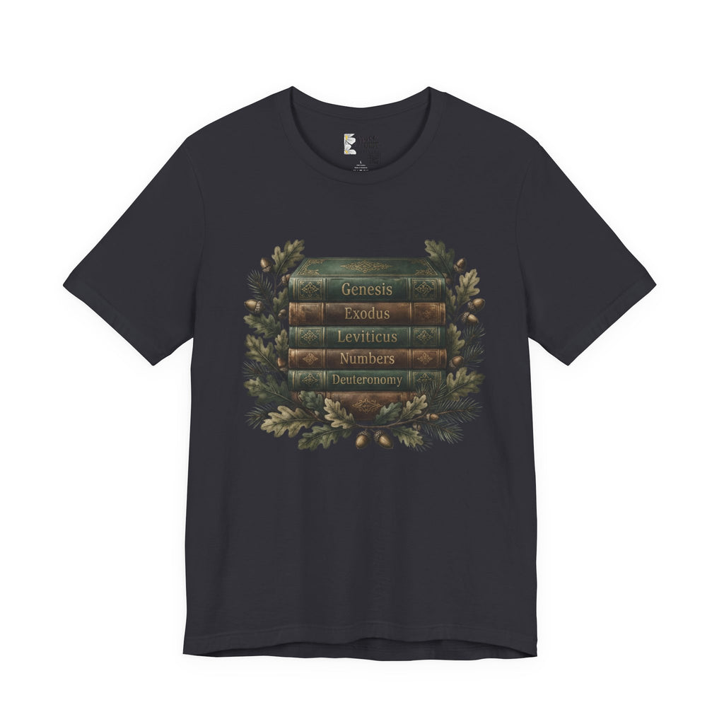 Bible Verse Stack T-Shirt — Genesis Exodus Leviticus Numbers Deuteronomy Floral Graphic