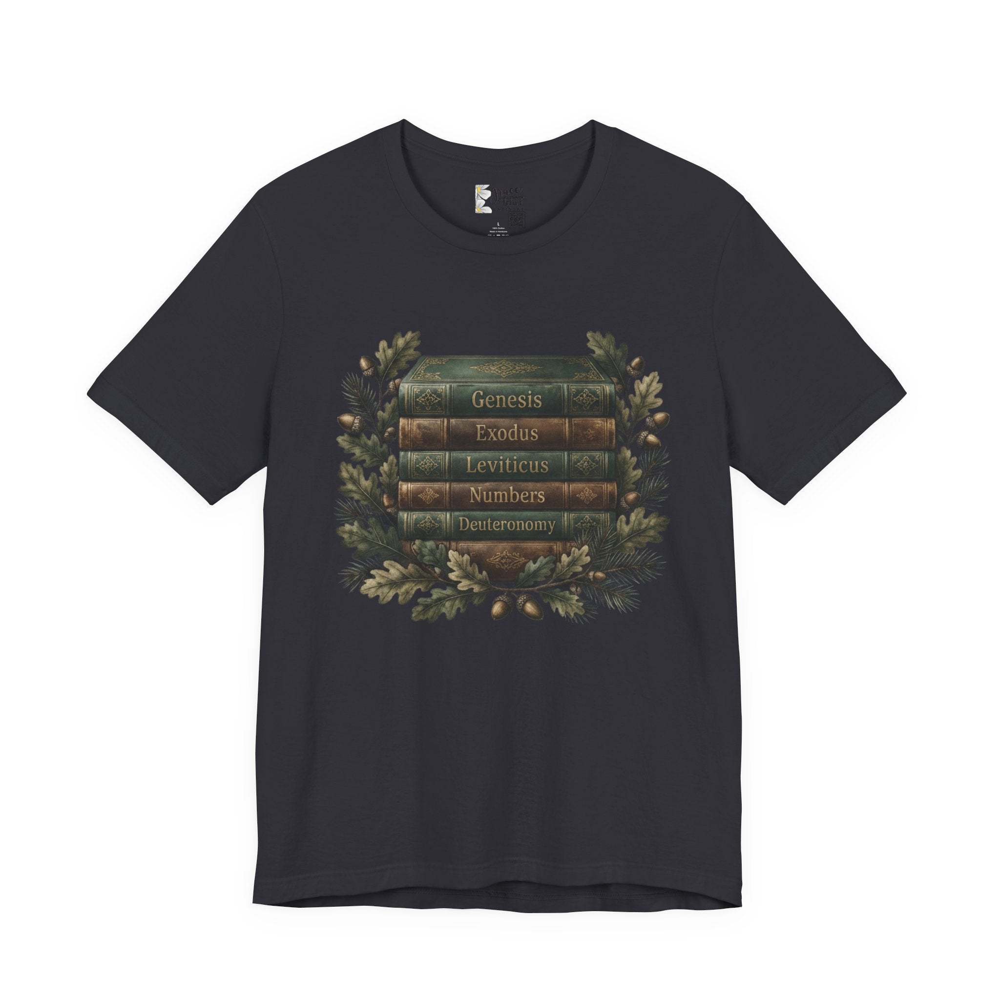 Bible Verse Stack T-Shirt — Genesis Exodus Leviticus Numbers Deuteronomy Floral Graphic