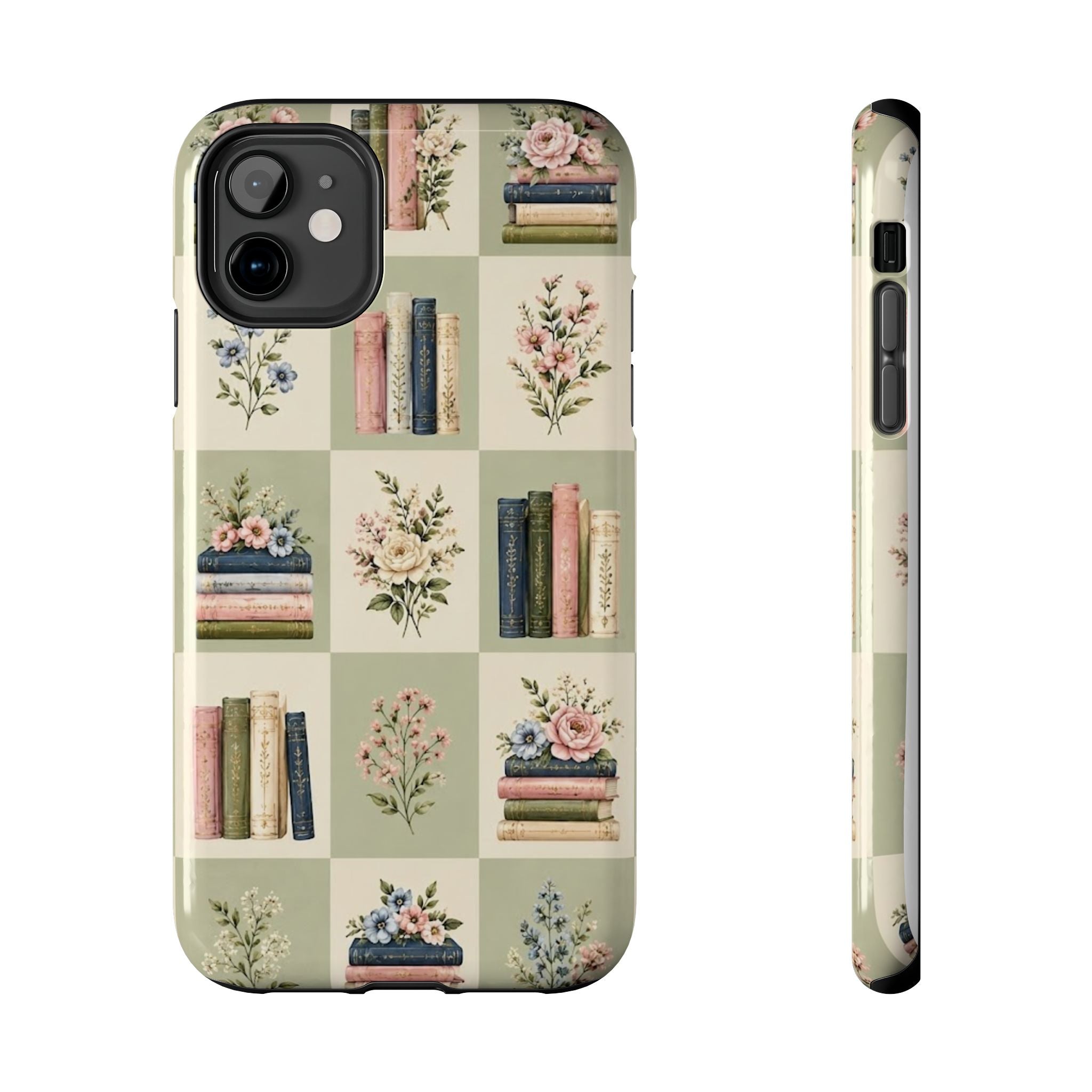 Floral Bookshelf Tough Phone Case — Vintage Floral & Stacked Books Pattern