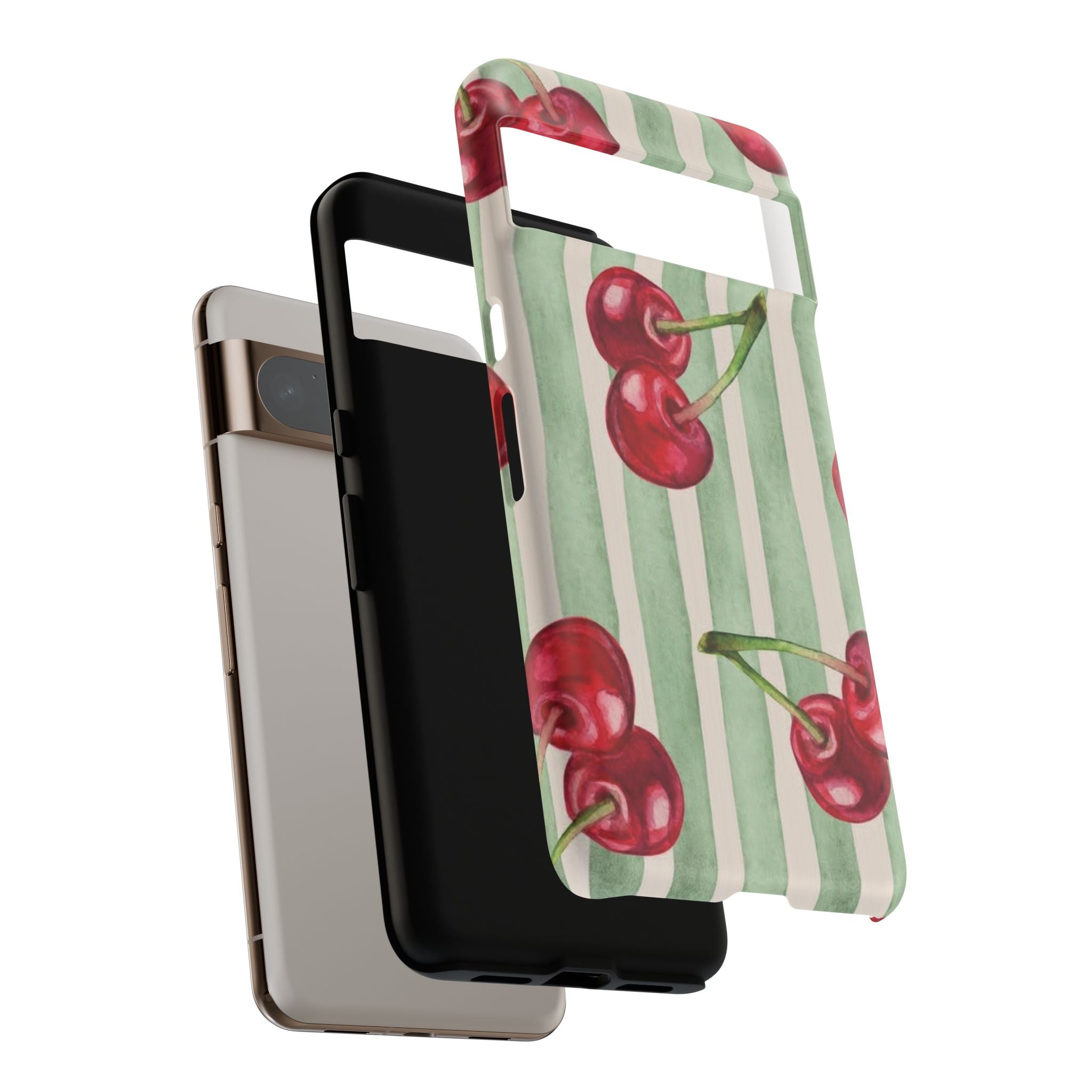 Cherry Stripe Phone Case – Retro Watercolor Cherries on Mint Stripes